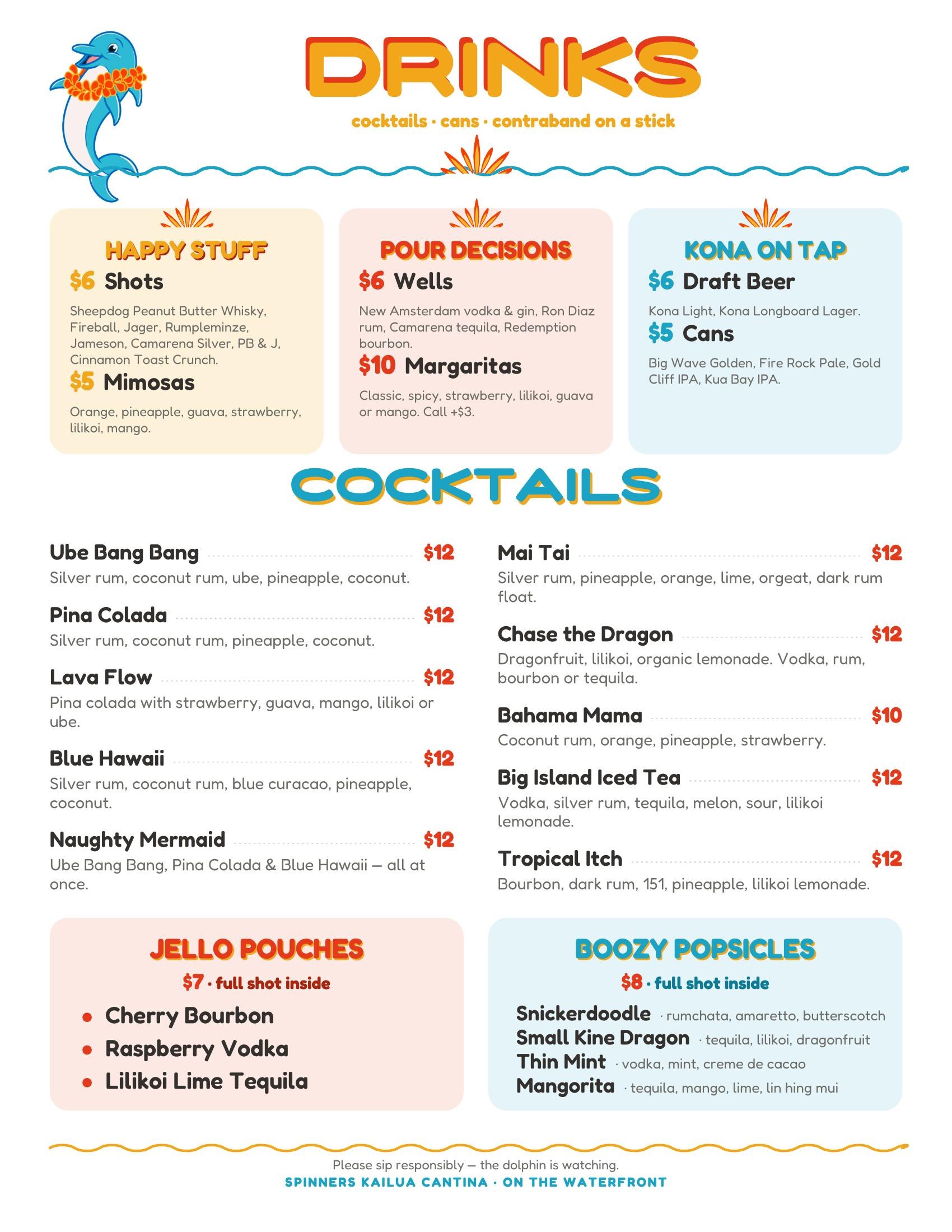 Spinners Kailua Cantina drinks menu — shots, mimosas, wells, margaritas, Kona draft beer and cans, signature cocktails like Mai Tai and Lava Flow, jello pouches and boozy popsicles