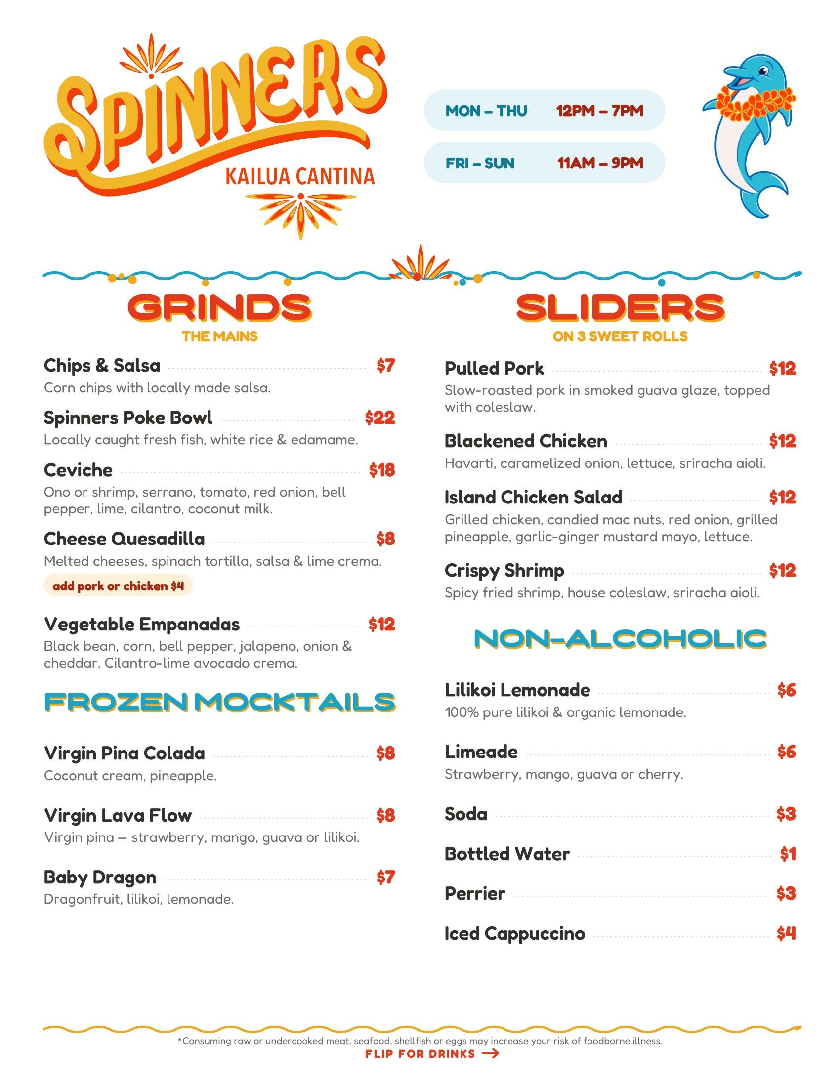 Spinners Kailua Cantina food menu — poke bowl, ceviche, quesadilla, empanadas, sweet roll sliders, frozen mocktails and non-alcoholic drinks